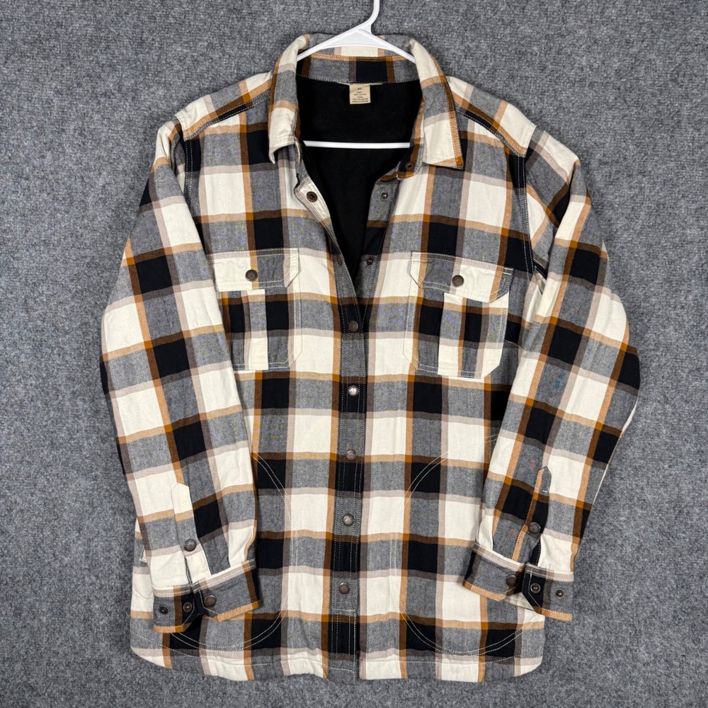 Duluth Trading Fleece Lined Flannel Shirt Jacket Men XL Plaid Cotton Snap Front